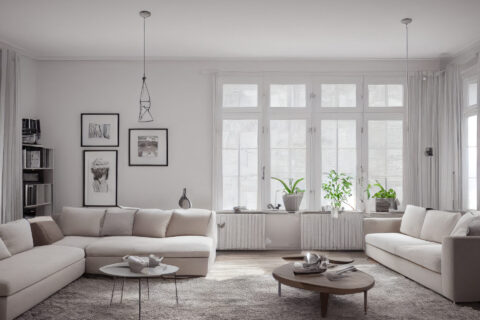 Stylish scandinavian living room with design mint sofa, furnitures, mock up poster map, plants and elegant personal accessories. Modern home decor. Bright and sunny room. Generative AI illustration