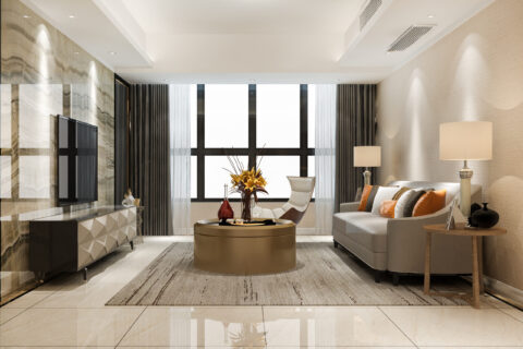 3d rendering luxury and modern living room with leather sofa and lamp