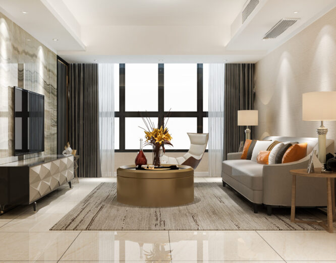 3d rendering luxury and modern living room with leather sofa and lamp