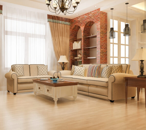 3d rendering modern dining room and living room with retro armchair and european style