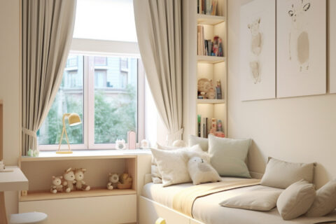 Modern creamy style,bedroom,window ledge platform with built-in cabinets, small windows, toddler bed, cute children's decorations and hanging pictures, soft furnishings in the space, high-quality photos, UHD --ar 3:4 --stylize 50 --v 5.2 Job ID: 198fb473-61c0-4a64-845d-c7df6f15cb9c