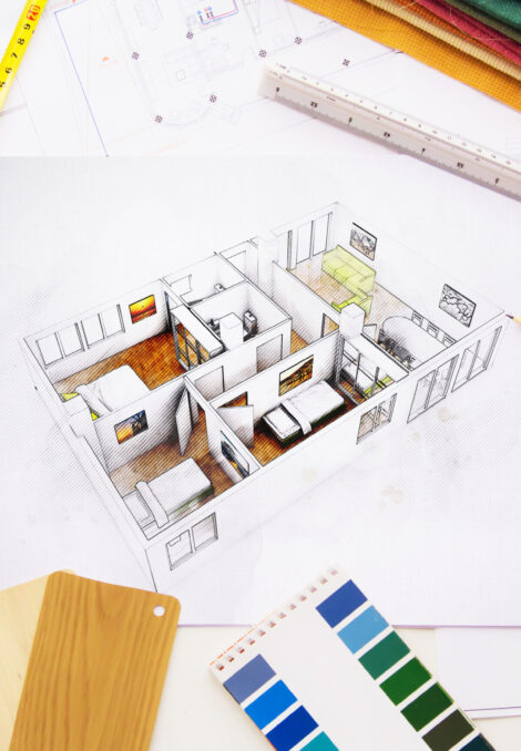 Top view of interior designer desktop workspace project surrounded by tools and materials