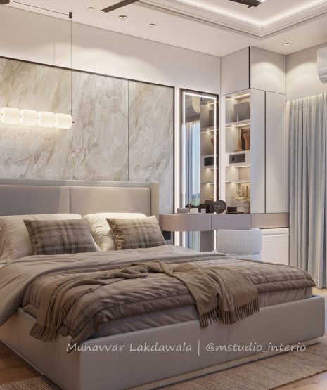 Elegant wedding bedroom interior with warm lighting and marble texture wall by M Studio