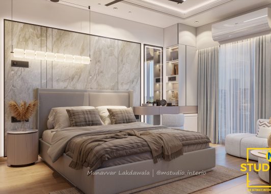 Elegant wedding bedroom interior with warm lighting and marble texture wall by M Studio