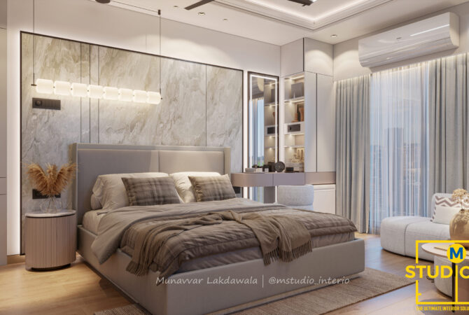 Elegant wedding bedroom interior with warm lighting and marble texture wall by M Studio