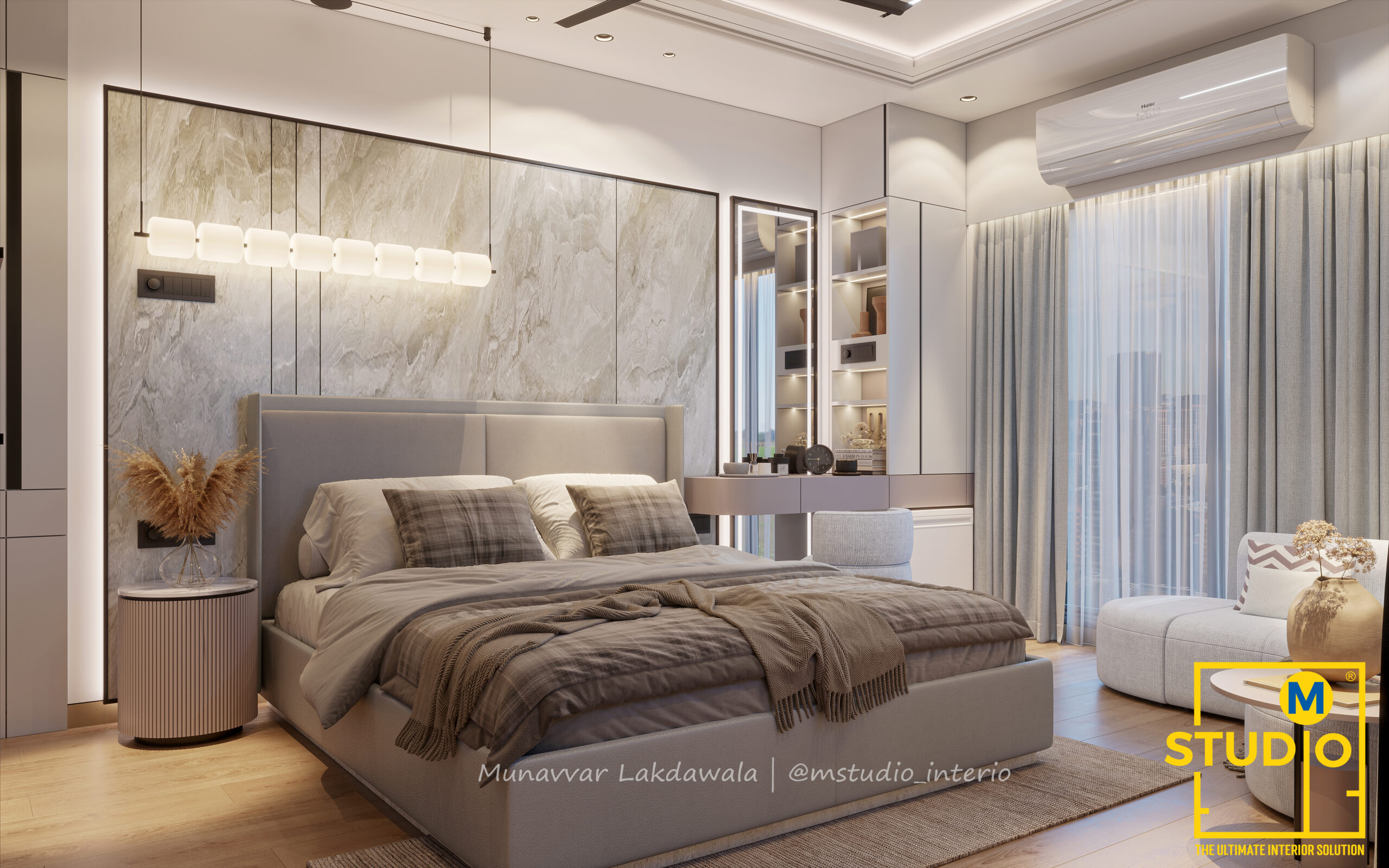 Elegant wedding bedroom interior with warm lighting and marble texture wall by M Studio